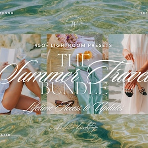 May include: A digital product advertisement for 450+ Lightroom Presets titled The Summer Travel Bundle. The graphic features three panels showing a person reading, a beach bag with fruit, and a person holding sandals, all over a water background.