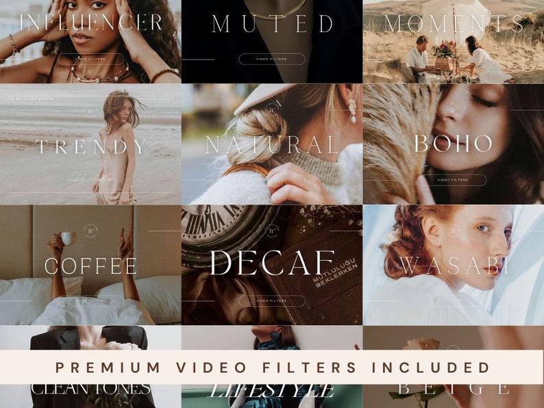 May include: A collage of images showcasing different video filter styles, including Influencer, Muted Moments, Trendy, Natural, Boho, Coffee, Decaf, Wasabi, Clean Tones, Lifestyle, and Beige. Each image features a person or object with a unique filter applied.