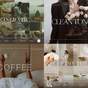 Puede incluir: Un collage digital de cuatro colecciones de ajustes preestablecidos de Lightroom con superposiciones de texto. Los paneles muestran los t&iacute;tulos CINEMATIC, CLEAN TONES, COFFEE y CREAMY TONES, junto a varias fotograf&iacute;as de estilo de vida.