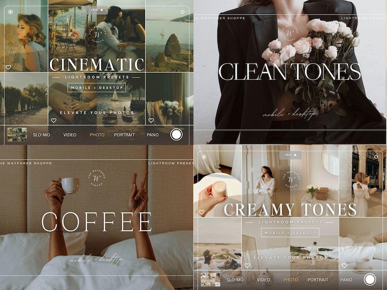 Puede incluir: Un collage digital de cuatro colecciones de ajustes preestablecidos de Lightroom con superposiciones de texto. Los paneles muestran los t&iacute;tulos CINEMATIC, CLEAN TONES, COFFEE y CREAMY TONES, junto a varias fotograf&iacute;as de estilo de vida.