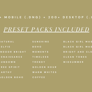 Puede incluir: Anuncio de producto digital sobre fondo dorado. El texto dice "200+ MOBILE (.DNG) + 200+ DESKTOP (.XMP)" y "PAQUETES DE PREAJUSTES INCLUIDOS" seguido de una lista de nombres de paquetes de preajustes como "NATURAL", "SUNSHINE" y "BLACK GIRL MAGIC".