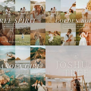 May include: A collection of lifestyle images with a warm, natural aesthetic. The text overlays read "Free Spirit," "Golden Boho," "Granola Girl," and "Joshua Tree." The images feature couples, landscapes, and outdoor scenes, with mobile and desktop options.