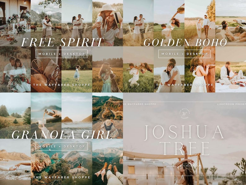 May include: A collection of lifestyle images with a warm, natural aesthetic. The text overlays read "Free Spirit," "Golden Boho," "Granola Girl," and "Joshua Tree." The images feature couples, landscapes, and outdoor scenes, with mobile and desktop options.