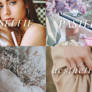 May include: A collage of four images with the text "SELFIE", "PASTEL", "SOFT", and "aesthetics" in white text on a light background. Each image features a different aesthetic, including a close-up of a woman's face, a bouquet of white flowers, a pastel-colored candle and a hand wearing rings.