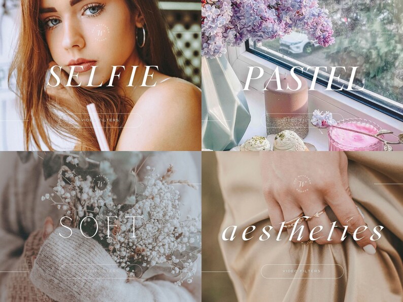May include: A collage of four images with the text "SELFIE", "PASTEL", "SOFT", and "aesthetics" in white text on a light background. Each image features a different aesthetic, including a close-up of a woman's face, a bouquet of white flowers, a pastel-colored candle and a hand wearing rings.
