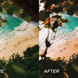 Op de afbeelding: Luchtfoto van een strand met turquoise water en een zandstrand. De afbeelding is gesplitst, met "BEFORE" links en "AFTER" rechts, wat een kleuraanpassing laat zien. Groen gebladerte omlijst de sc&egrave;ne.
