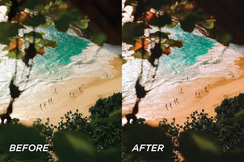 Op de afbeelding: Luchtfoto van een strand met turquoise water en een zandstrand. De afbeelding is gesplitst, met "BEFORE" links en "AFTER" rechts, wat een kleuraanpassing laat zien. Groen gebladerte omlijst de sc&egrave;ne.
