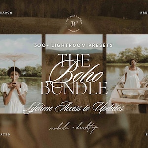 以下が含まれることがあります： 「The Boho Bundle」と題された300以上のLightroomプリセットのデジタル製品広告。画像には、日傘を差した人物やボートに乗った人物などの写真例を示す3つのパネルと、テキストオーバーレイが含まれています。