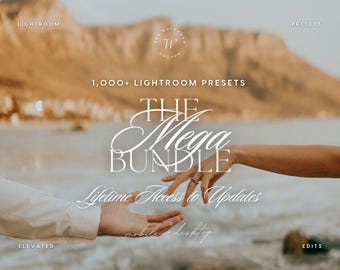 May include: A digital product advertisement for 1,000+ Lightroom Presets titled The Mega Bundle. The text includes Lifetime Access to Updates and mobile + desktop. The background features a blurred beach scene with two hands reaching toward each other.
