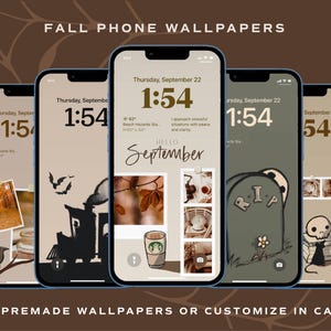 Neutral Fall Phone Wallpapers for Lock Screen Boho Autumn Aesthetic Widget Editable Canva Wallpapers Hand Drawn Halloween Icons