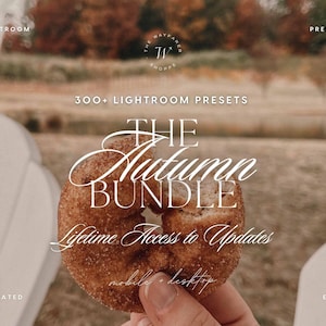 May include: A digital product advertisement featuring a cinnamon-dusted doughnut with the text: LIGHTROOM PRESETS, THE WAYFARER SHOPPE, 300+ LIGHTROOM PRESETS, THE Autumn BUNDLE, Lifetime Access to Updates, mobile + desktop, ELEVATED, EDITS.