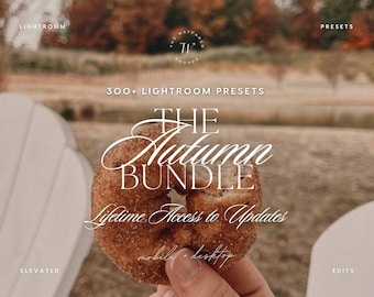 May include: A digital product advertisement for 300+ Lightroom Presets titled The Autumn Bundle with Lifetime Access to Updates. The text is overlaid on a photograph of a cinnamon sugar donut held against a blurred outdoor autumn landscape.