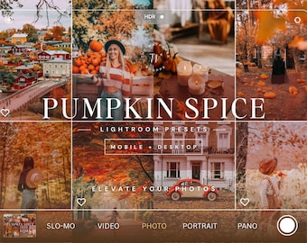 May include: A digital collage of autumn-themed photographs featuring a town, a person with pumpkins, candles, a forest, a red car, and a child, overlaid with the text PUMPKIN SPICE LIGHTROOM PRESETS MOBILE + DESKTOP ELEVATE YOUR PHOTOS in a camera interface.