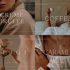 May include: A collage of four images with text overlays. The words "CREME BR&Ucirc;L&Eacute;E", "COFFEE", "BEIGE", and "CARAMEL" are displayed in a clean, modern font. The images feature lifestyle elements, including a person, a cup of coffee, and a rose.
