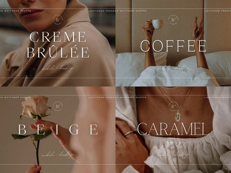 May include: A collage of four images with text overlays. The words "CREME BR&Ucirc;L&Eacute;E", "COFFEE", "BEIGE", and "CARAMEL" are displayed in a clean, modern font. The images feature lifestyle elements, including a person, a cup of coffee, and a rose.