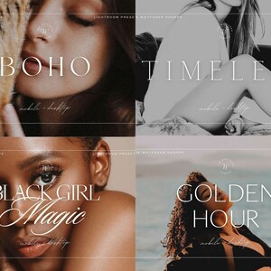 Puede incluir: Un collage de cuatro im&aacute;genes con superposiciones de texto. Las palabras "BOHO", "TIMELESS", "BLACK GIRL MAGIC" y "GOLDEN HOUR" se muestran en fuentes elegantes. Las im&aacute;genes tienen una est&eacute;tica suave y c&aacute;lida, lo que sugiere ajustes preestablecidos de fotograf&iacute;a.