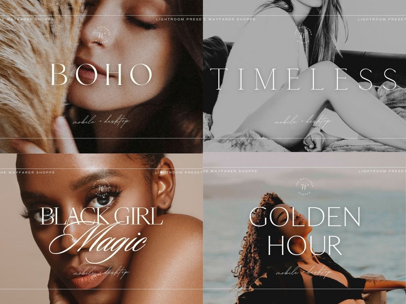 Puede incluir: Un collage de cuatro im&aacute;genes con superposiciones de texto. Las palabras "BOHO", "TIMELESS", "BLACK GIRL MAGIC" y "GOLDEN HOUR" se muestran en fuentes elegantes. Las im&aacute;genes tienen una est&eacute;tica suave y c&aacute;lida, lo que sugiere ajustes preestablecidos de fotograf&iacute;a.