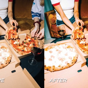 May include: Two pizzas in cardboard boxes, one with sausage and the other with olives and tomatoes. Two glasses of red wine sit on a black table. The image shows a before and after comparison.