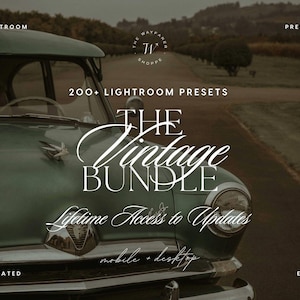 May include: A teal vintage car hood and headlight with text overlay reading 200+ LIGHTROOM PRESETS THE VINTAGE BUNDLE Lifetime Access to Updates mobile + desktop. The image features a classic vehicle front end with a chrome hood ornament.