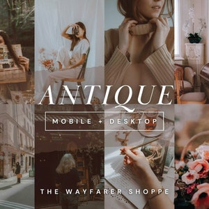 May include: A collage of images with a vintage aesthetic. The word "ANTIQUE" is displayed in a large, elegant font. Additional text includes "MOBILE + DESKTOP" and "THE WAYFARER SHOPPE". The images feature people, architecture, and floral arrangements.