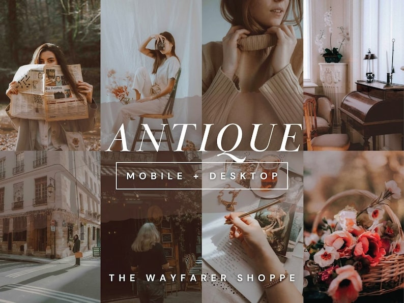 May include: A collage of images with a vintage aesthetic. The word "ANTIQUE" is displayed in a large, elegant font. Additional text includes "MOBILE + DESKTOP" and "THE WAYFARER SHOPPE". The images feature people, architecture, and floral arrangements.