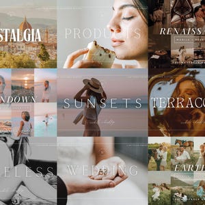 Może przedstawiać: Kolaż zdjęć lifestyle'owych z nakładkami tekstowymi. Tematy obejmują "Nostalgia", "Produkty", "Renesans", "Sundown", "Zachody słońca", "Terakota", "Ponadczasowy", "Ślub" i "Ziemisty". Zdjęcia przedstawiają krajobrazy, ludzi i zdjęcia produkt&oacute;w.
