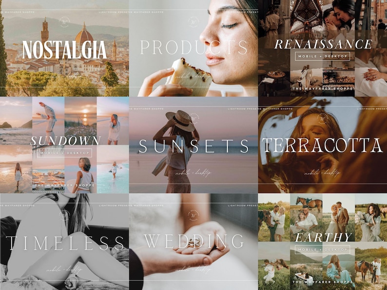 Może przedstawiać: Kolaż zdjęć lifestyle'owych z nakładkami tekstowymi. Tematy obejmują "Nostalgia", "Produkty", "Renesans", "Sundown", "Zachody słońca", "Terakota", "Ponadczasowy", "Ślub" i "Ziemisty". Zdjęcia przedstawiają krajobrazy, ludzi i zdjęcia produkt&oacute;w.