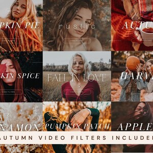 May include: Nine autumn-themed video filters with names like Pumpkin Pie, Rustic, Autumn, Pumpkin Spice, Fall in Love, Harvest, Cinnamon, Pumpkin Patch, and Apple Pie. The filters are displayed on a collage of images with fall colors and themes.