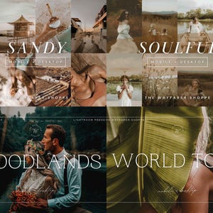 May include: A collection of images with a warm, earthy colour palette. The text "SANDY", "SOULFUL", "WOODLANDS", and "WORLD TOUR" are displayed. The images include beach scenes, landscapes, and portraits, with the text "MOBILE + DESKTOP".