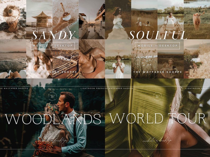 May include: A collection of images with a warm, earthy colour palette. The text "SANDY", "SOULFUL", "WOODLANDS", and "WORLD TOUR" are displayed. The images include beach scenes, landscapes, and portraits, with the text "MOBILE + DESKTOP".