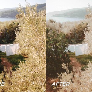 May include: A scenic outdoor shot with the text "BEFORE" and "AFTER" comparing two versions of the same image. White linens hang on a clothesline in a sunlit clearing, with a body of water and hills in the background.