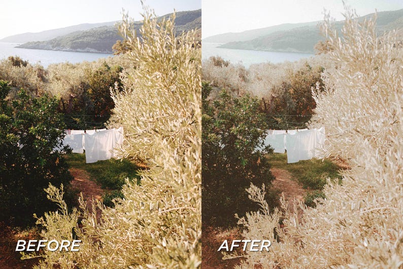 May include: A scenic outdoor shot with the text "BEFORE" and "AFTER" comparing two versions of the same image. White linens hang on a clothesline in a sunlit clearing, with a body of water and hills in the background.