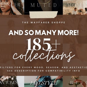 May include: A brown rectangle with white text that reads "The Wayfarer Shoppe" and "And So Many More! 185+ collections". The text below reads "Filters for every mood, season, and aesthetic. See description for compatibility info". The image is divided into nine squares, each with a different image. The top row reads "Influencer", "Muted", and "Moments". The bottom row reads "Clean Tones", "Lifestyle", and "Beige".