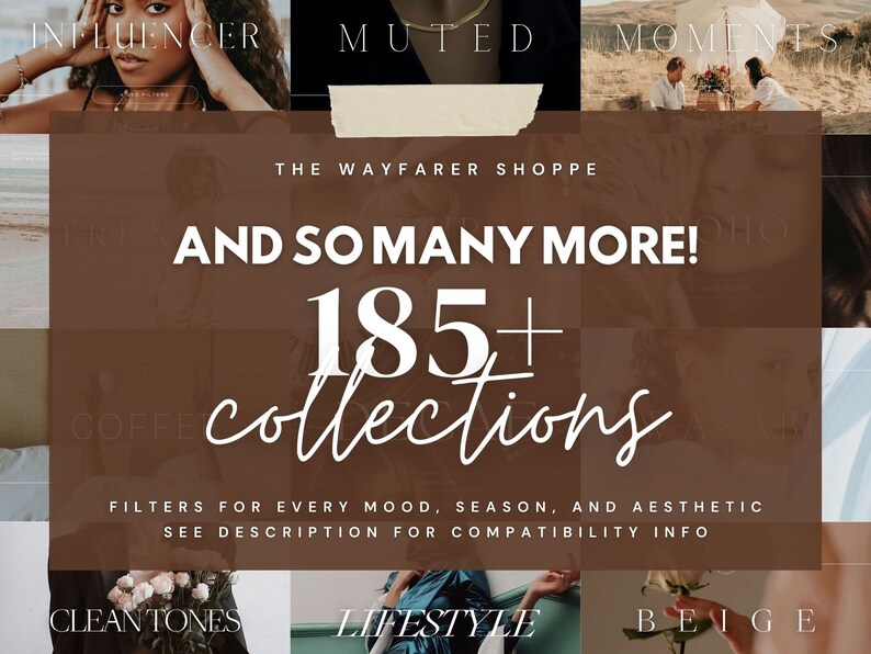 May include: A brown rectangle with white text that reads "The Wayfarer Shoppe" and "And So Many More! 185+ collections". The text below reads "Filters for every mood, season, and aesthetic. See description for compatibility info". The image is divided into nine squares, each with a different image. The top row reads "Influencer", "Muted", and "Moments". The bottom row reads "Clean Tones", "Lifestyle", and "Beige".