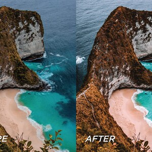 Op de afbeelding: Een afbeelding verdeeld in twee&euml;n, met een kustlandschap voor en na bewerking. Links de originele afbeelding, rechts de gecorrigeerde versie. De sc&egrave;ne omvat een strand, kliffen en turquoise water. De tekst "BEFORE" en "AFTER" zijn zichtbaar.