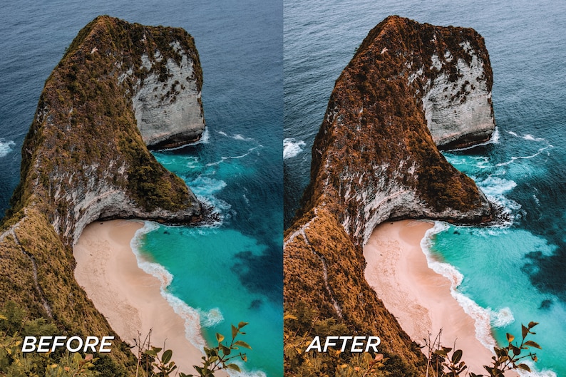 Op de afbeelding: Een afbeelding verdeeld in twee&euml;n, met een kustlandschap voor en na bewerking. Links de originele afbeelding, rechts de gecorrigeerde versie. De sc&egrave;ne omvat een strand, kliffen en turquoise water. De tekst "BEFORE" en "AFTER" zijn zichtbaar.