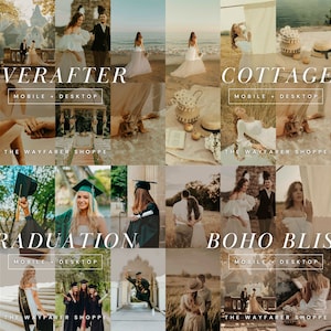 Może przedstawiać: Kolaż zdjęć lifestyle z tekstami "EVERAFTER", "COTTAGE", "GRADUATION" i "BOHO BLISS". Zdjęcia przedstawiają sceny ślubne, zdjęcia z ukończenia szkoły i otoczenie na zewnątrz. Wyświetlany jest r&oacute;wnież The Wayfarer Shoppe.