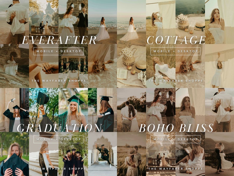 Może przedstawiać: Kolaż zdjęć lifestyle z tekstami "EVERAFTER", "COTTAGE", "GRADUATION" i "BOHO BLISS". Zdjęcia przedstawiają sceny ślubne, zdjęcia z ukończenia szkoły i otoczenie na zewnątrz. Wyświetlany jest r&oacute;wnież The Wayfarer Shoppe.
