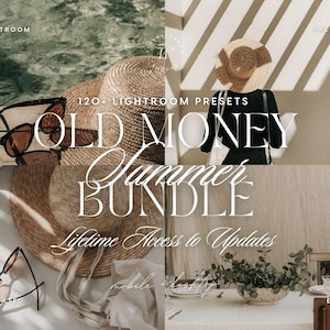 Puede incluir: Una colección digital de más de 120 ajustes preestablecidos de Lightroom titulada Old Money Summer Bundle con acceso de por vida a actualizaciones. El collage muestra sombreros de paja, gafas de sol, una persona de negro y una mesa.