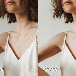 May include: A split image showing a person wearing a white camisole with thin straps. The left side is labeled "BEFORE" and the right side is labeled "AFTER". The person has short brown hair.