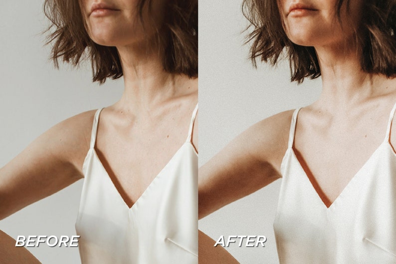 May include: A split image showing a person wearing a white camisole with thin straps. The left side is labeled "BEFORE" and the right side is labeled "AFTER". The person has short brown hair.