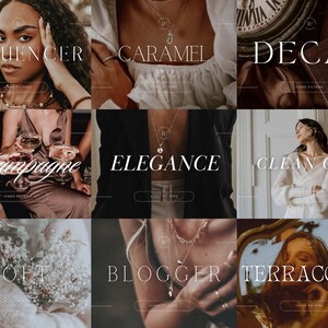 May include: Nine different video filter presets for Instagram and other social media platforms. The filters are named: Influencer, Caramel, Decaf, Champagne, Elegance, Clean Girl, Soft, Blogger, and Terracotta.