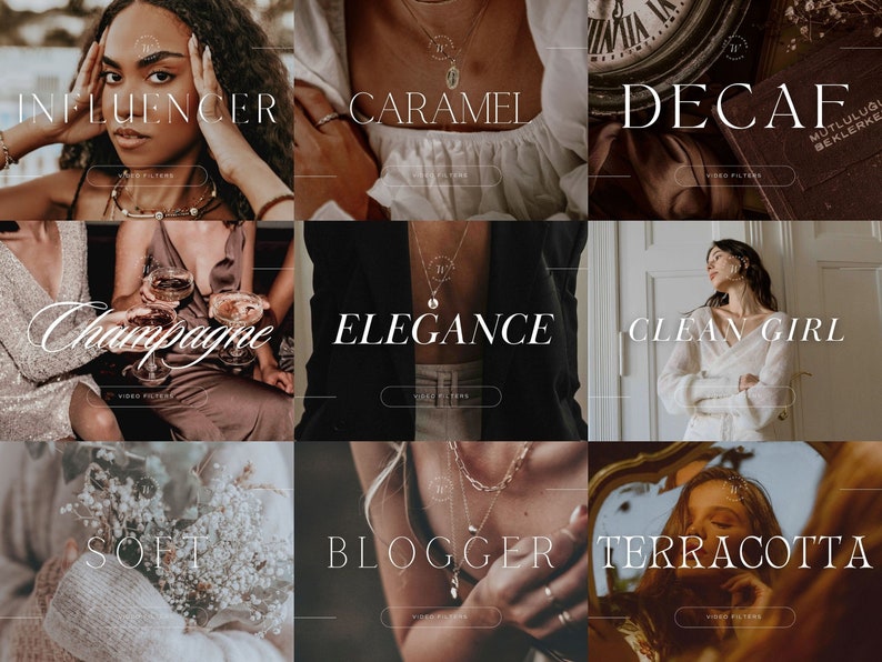 May include: Nine different video filter presets for Instagram and other social media platforms. The filters are named: Influencer, Caramel, Decaf, Champagne, Elegance, Clean Girl, Soft, Blogger, and Terracotta.