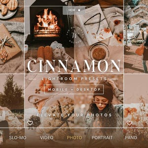 Könnte beinhalten: Eine digitale Collage aus warm getönten Fotos mit einem Kamin, einem verpackten Geschenk, einem offenen Buch, einer Person im Park, einer sitzenden Person, Gebäck und einer Person mit Mütze, mit dem Text CINNAMON LIGHTROOM PRESETS.