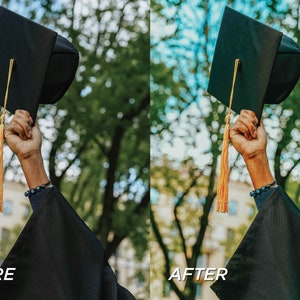 May include: A graduation cap with a gold tassel is held up in the air. The image is split, with "BEFORE" on the left and "AFTER" on the right, showing a color adjustment. The background is blurred green and blue.