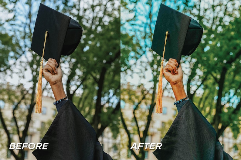 May include: A graduation cap with a gold tassel is held up in the air. The image is split, with "BEFORE" on the left and "AFTER" on the right, showing a color adjustment. The background is blurred green and blue.
