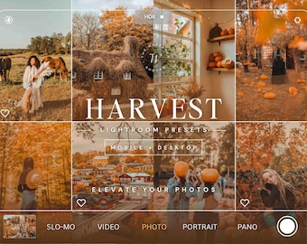 May include: A digital collection of Lightroom presets titled HARVEST, featuring a grid of eight autumn-themed photographs. The images display landscapes, pumpkins, a cottage, and people in fall settings, with text overlays including MOBILE + DESKTOP.
