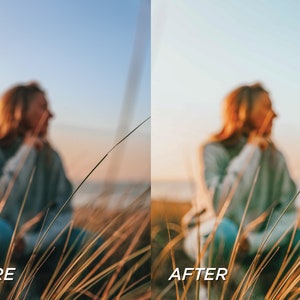 May include: A split-screen comparison showing a before and after effect on a photograph. The image features a blurred person sitting in tall grass at sunset, with the text BEFORE on the left and AFTER on the right, demonstrating a color edit.