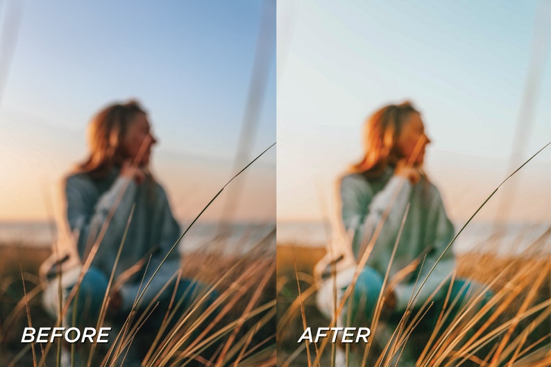 May include: A split-screen comparison showing a before and after effect on a photograph. The image features a blurred person sitting in tall grass at sunset, with the text BEFORE on the left and AFTER on the right, demonstrating a color edit.