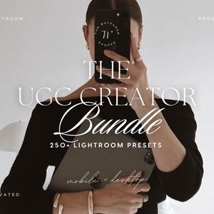 Puede incluir: Una persona sosteniendo un teléfono y una tableta, con el texto "THE UGC CREATOR Bundle" y "250+ LIGHTROOM PRESETS". La imagen tiene una estética minimalista con las palabras "LIGHTROOM", "PRESETS", "ELEVATED" y "EDITS".